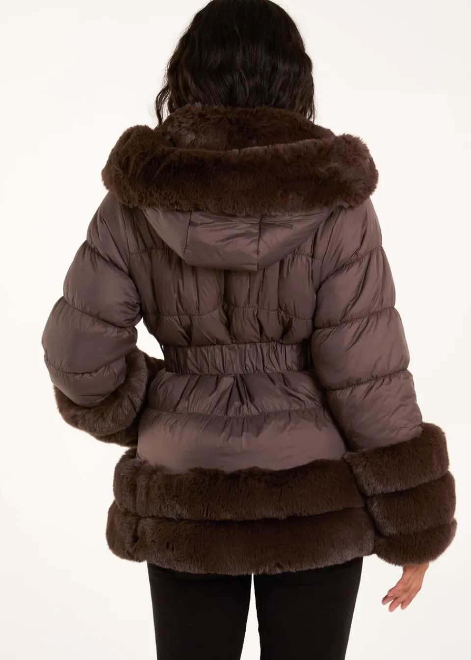 Coats & Jackets>Blue Vanilla Brown Faux Fur Trim Belted Puffer Coat