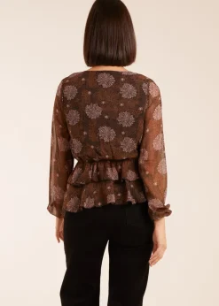 Tops>Blue Vanilla Brown Floral Ruffle Wrap Blouse