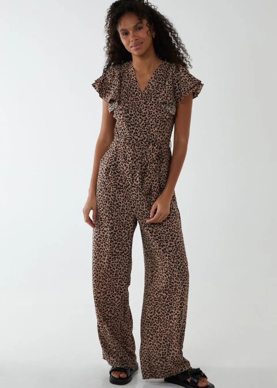 Jumpsuits & Playsuits>Blue Vanilla Brown Jumpsuit With Ruffle Sleeve And Wrap Front