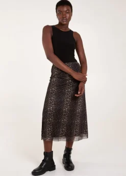 Skirts>Blue Vanilla Brown Leopard Mesh Midi Skirt