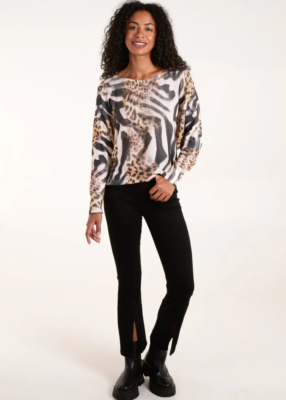Tops>Blue Vanilla Brown Leopard Abstract Fine Knit Jumper