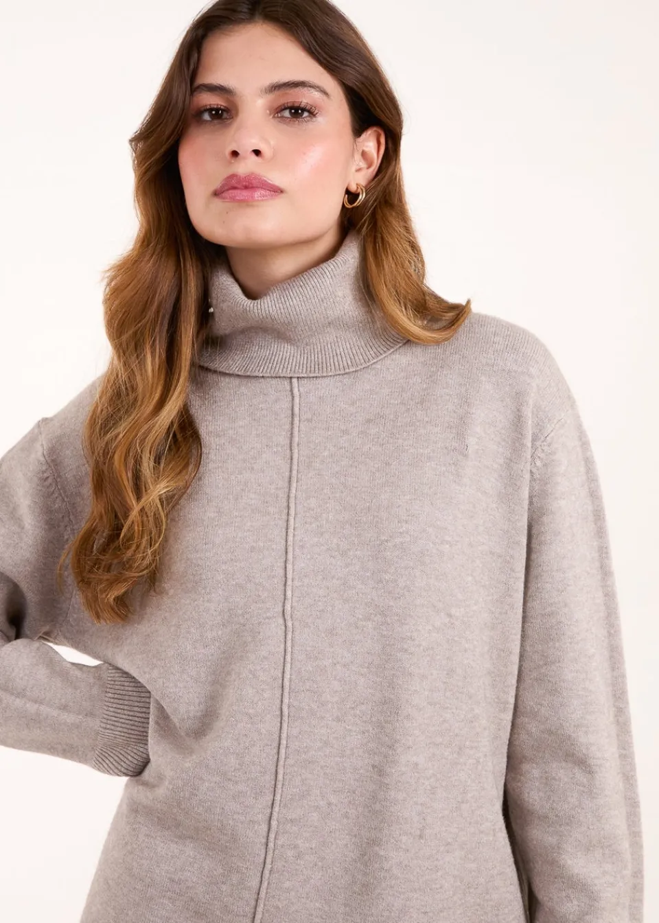Tops>Blue Vanilla Brown Roll Neck Jumper With Front Seam Detail