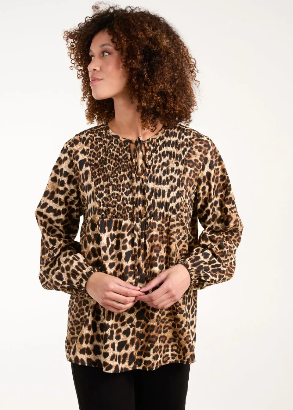 Tops>Blue Vanilla Brown Shirred Front Tie Neck Blouse