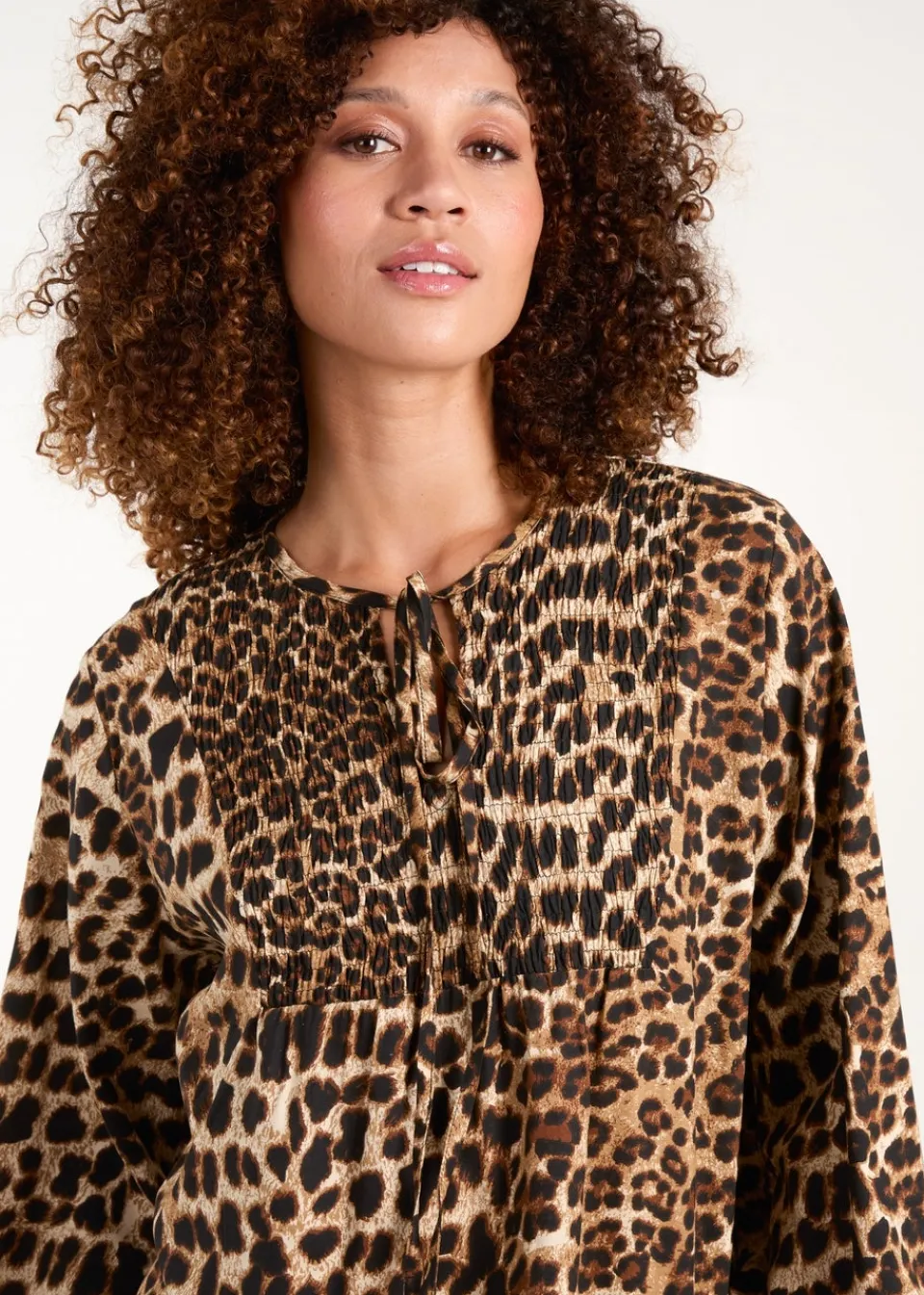 Tops>Blue Vanilla Brown Shirred Front Tie Neck Blouse