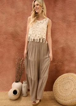 Skirts>Blue Vanilla Brown Shirring Waist Tiered Maxi Skirt
