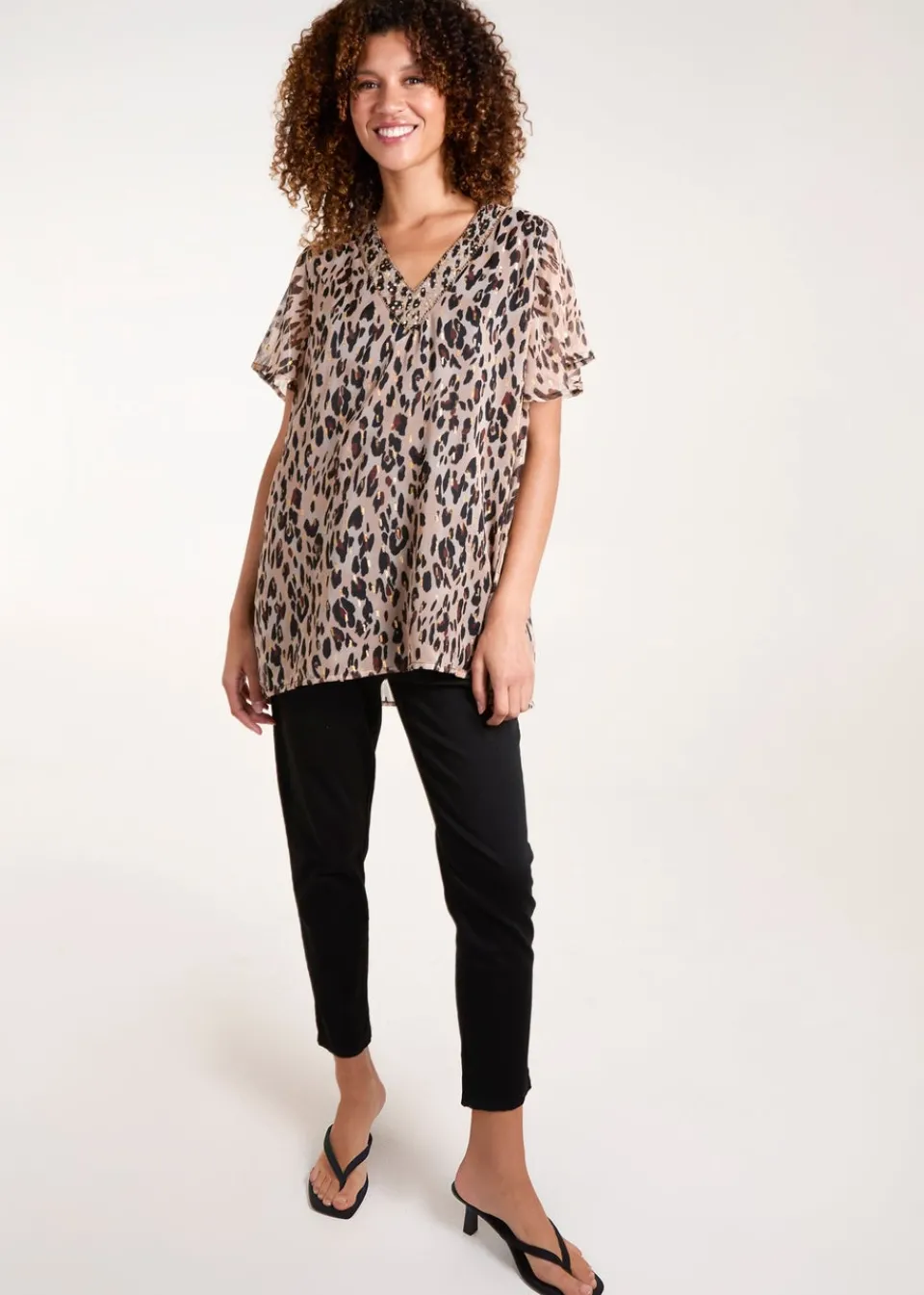 Tops>Blue Vanilla Brown V Neck Animal Tunic Top