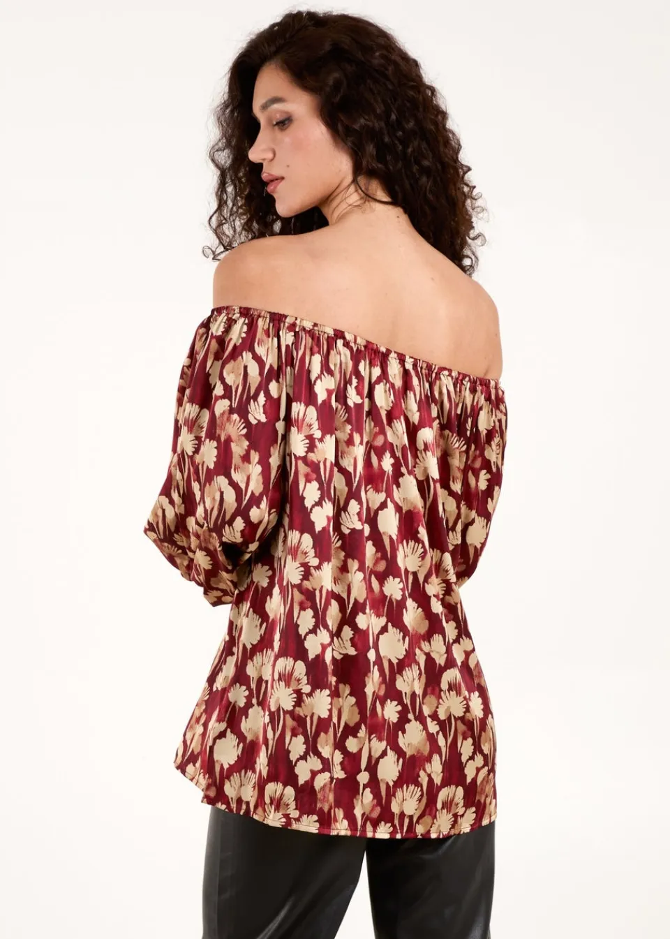 Tops>Blue Vanilla Burgundy Floral Ruched Sleeve Bardot Blouse