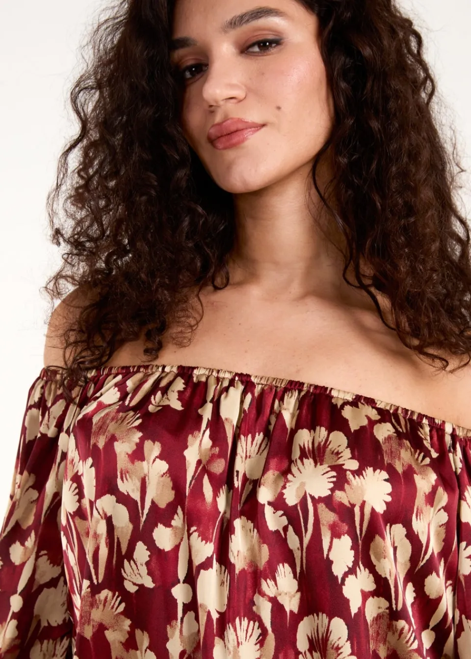 Tops>Blue Vanilla Burgundy Floral Ruched Sleeve Bardot Blouse
