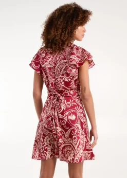 Dresses>Blue Vanilla Burgundy Paisley Wrap Front Ruffle Sleeve Mini Dress