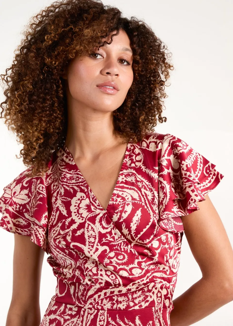 Dresses>Blue Vanilla Burgundy Paisley Wrap Front Ruffle Sleeve Mini Dress