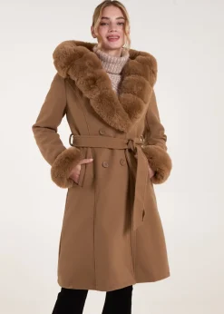 Coats & Jackets>Blue Vanilla Camel Faux Fur Trim Double Breasted Coat