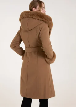 Coats & Jackets>Blue Vanilla Camel Faux Fur Trim Double Breasted Coat
