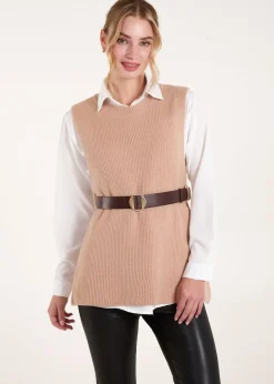Knitwear>Blue Vanilla Camel Ribbed Knit Vest Blouse