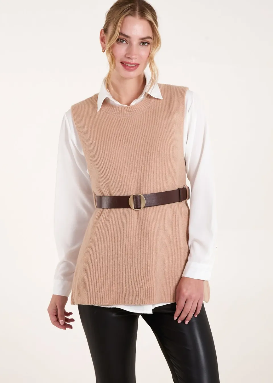 Knitwear>Blue Vanilla Camel Ribbed Knit Vest Blouse
