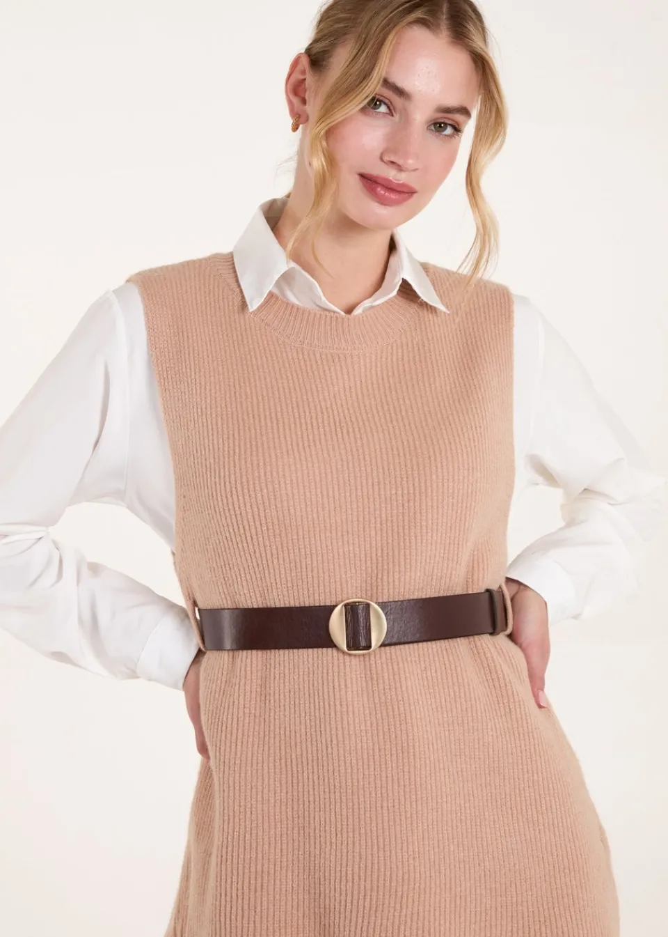 Knitwear>Blue Vanilla Camel Ribbed Knit Vest Blouse