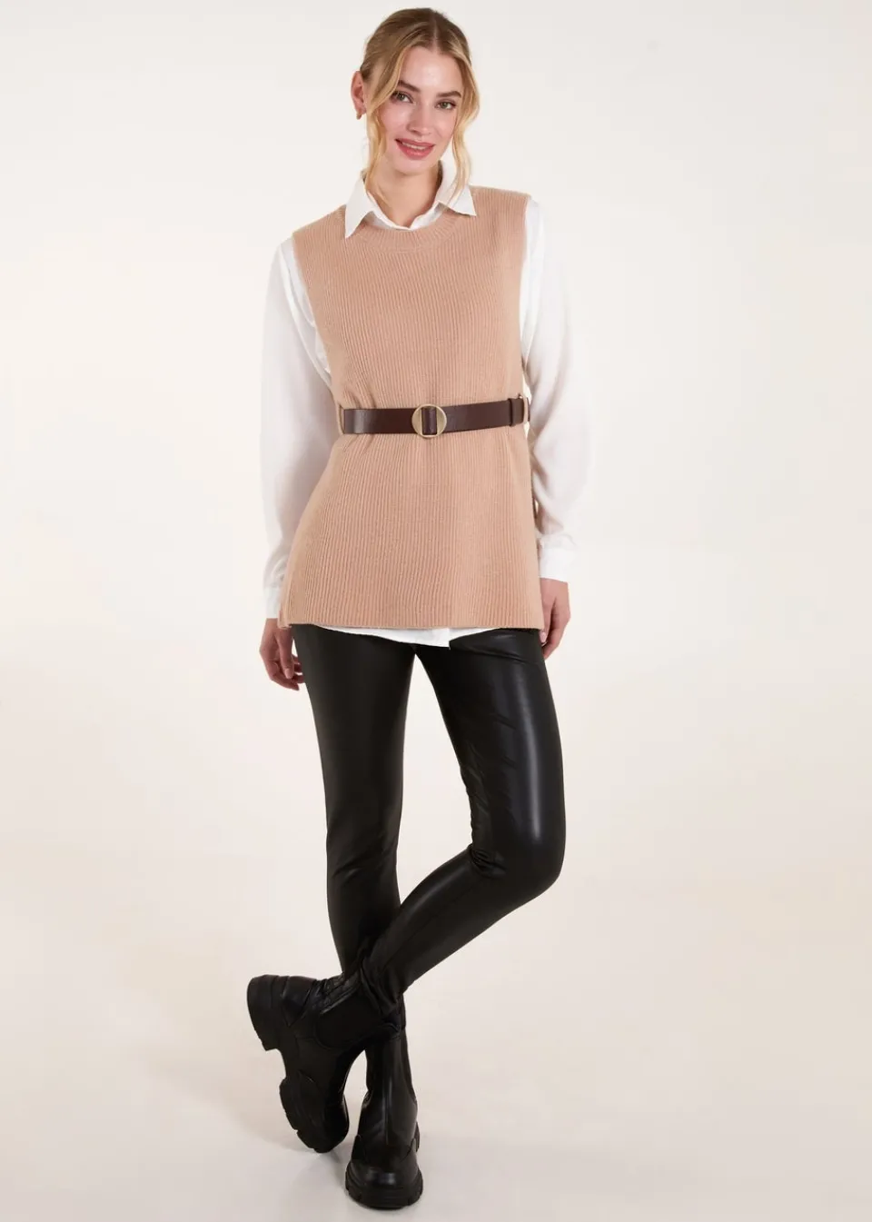 Knitwear>Blue Vanilla Camel Ribbed Knit Vest Blouse