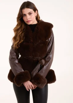 Coats & Jackets>Blue Vanilla Chocolate Panel Fur PU Belted Coat