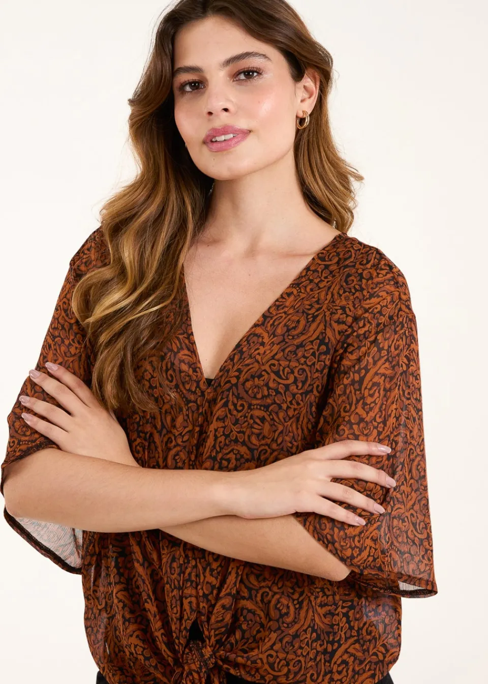 Tops>Blue Vanilla Chocolate Tie Front V Neck Blouse
