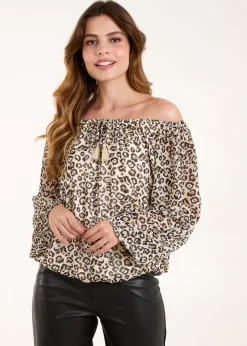 Tops>Blue Vanilla Cream Bardot Elastic Neckline Leopard Tassel Top