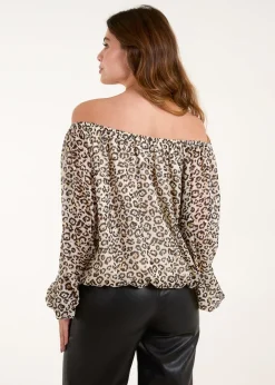 Tops>Blue Vanilla Cream Bardot Elastic Neckline Leopard Tassel Top