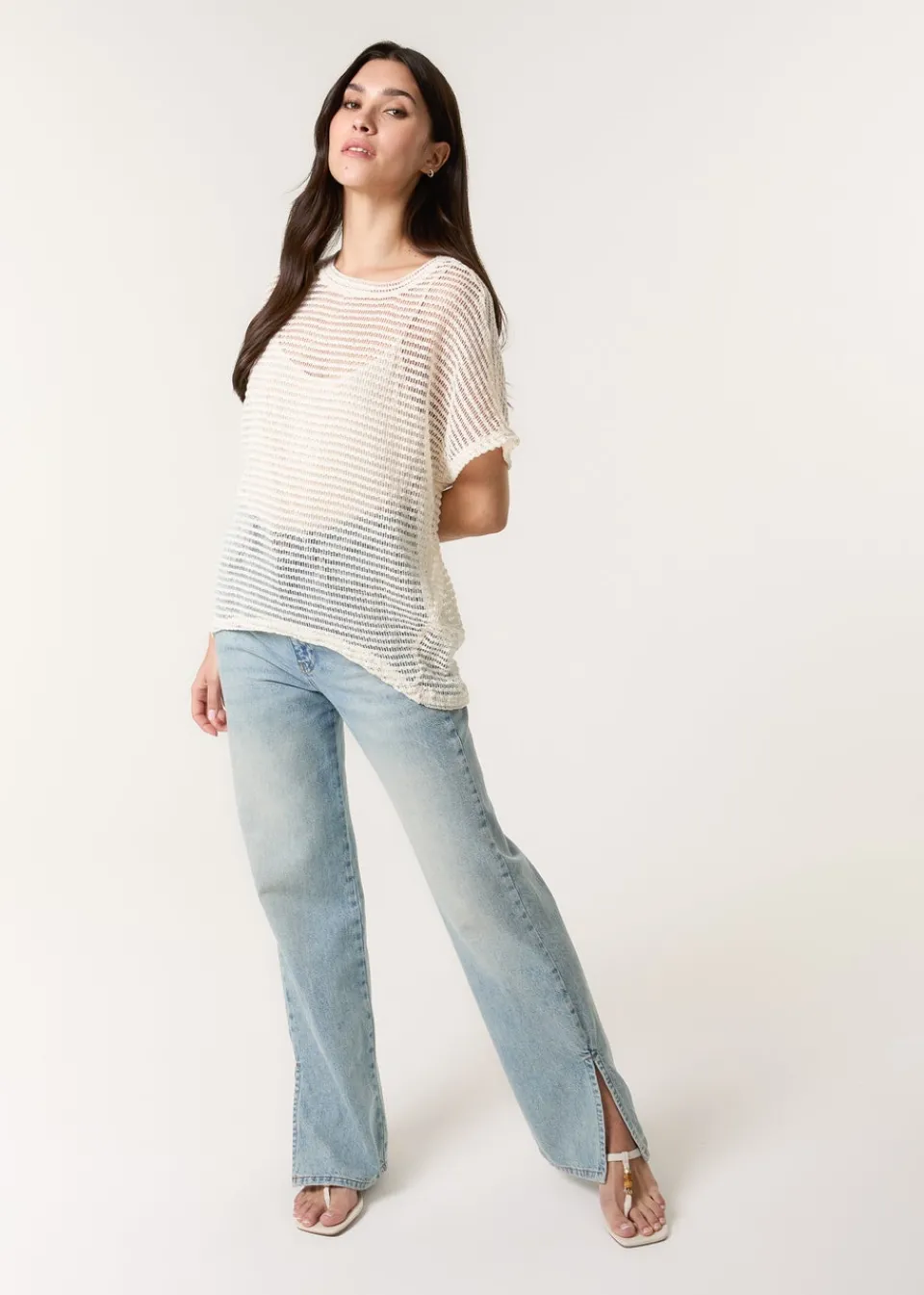 T-Shirts>Blue Vanilla Cream Crochet Batwing Oversized Top