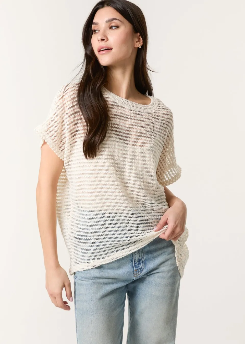 T-Shirts>Blue Vanilla Cream Crochet Batwing Oversized Top