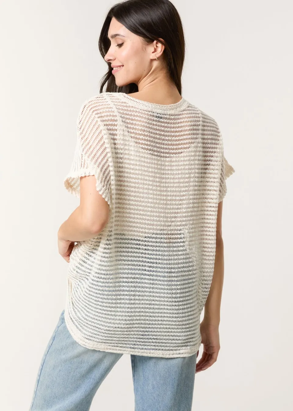 T-Shirts>Blue Vanilla Cream Crochet Batwing Oversized Top