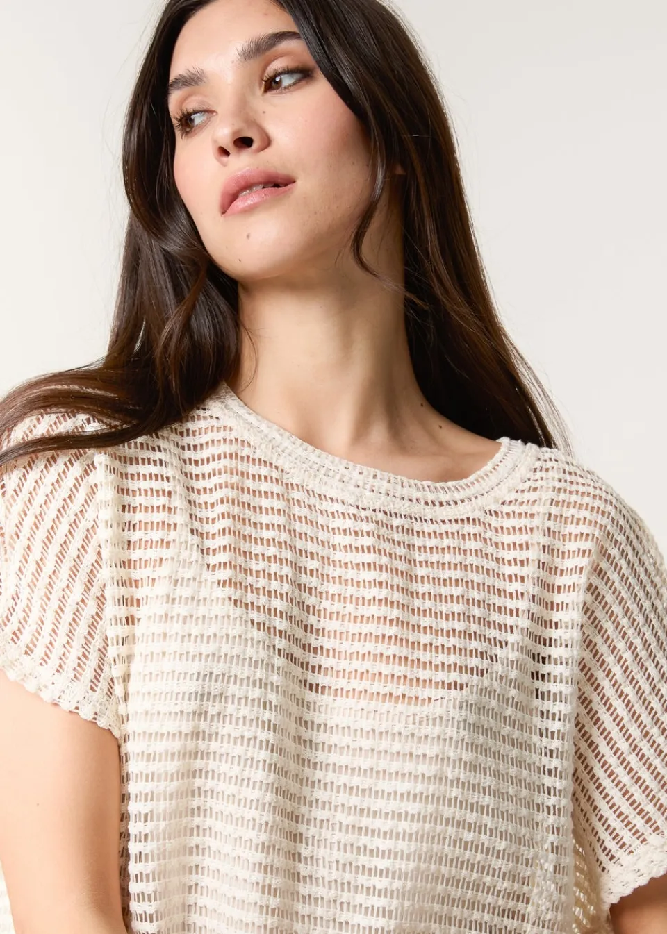 T-Shirts>Blue Vanilla Cream Crochet Batwing Oversized Top