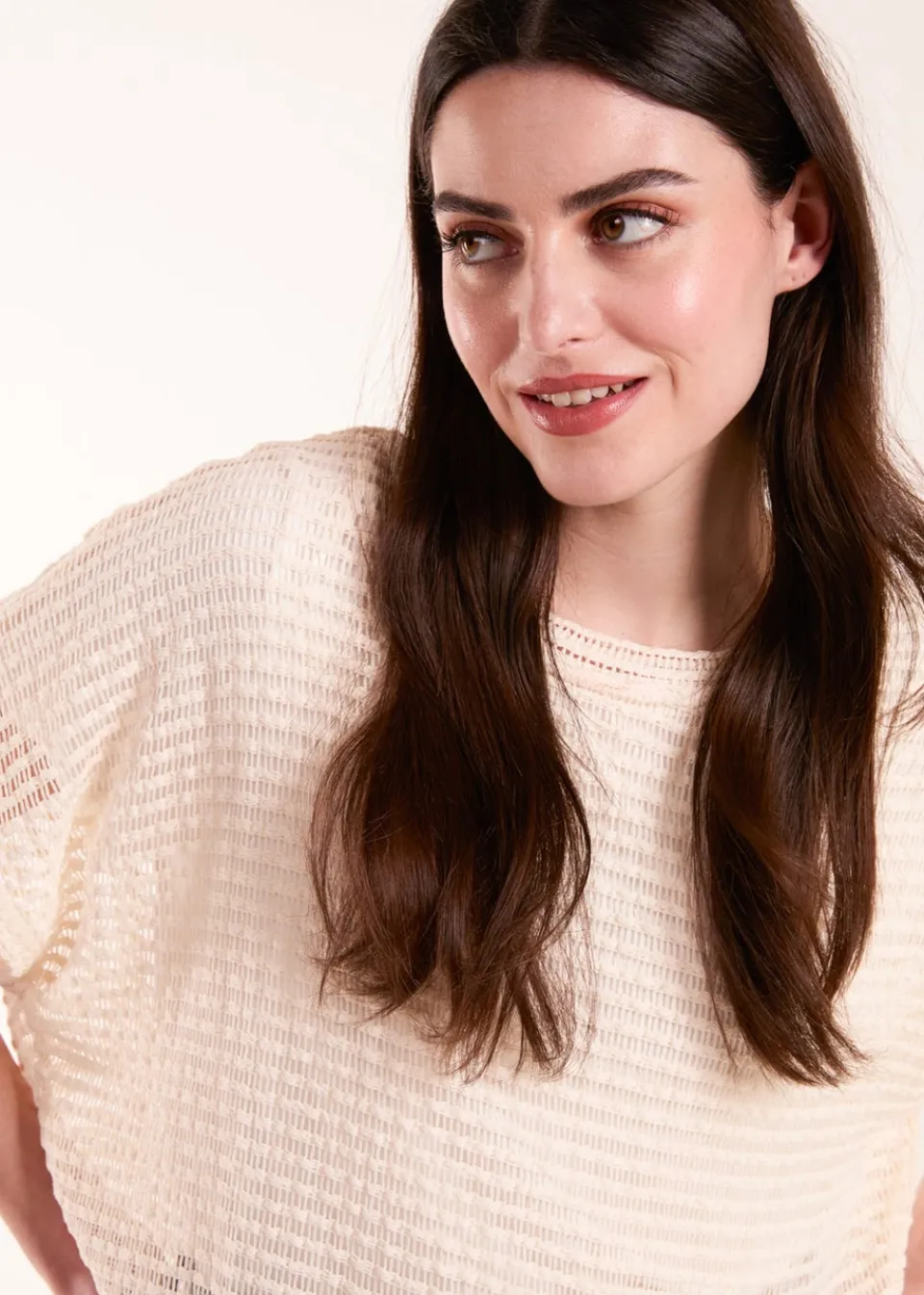 T-Shirts>Blue Vanilla Cream Crochet Batwing Oversized Top