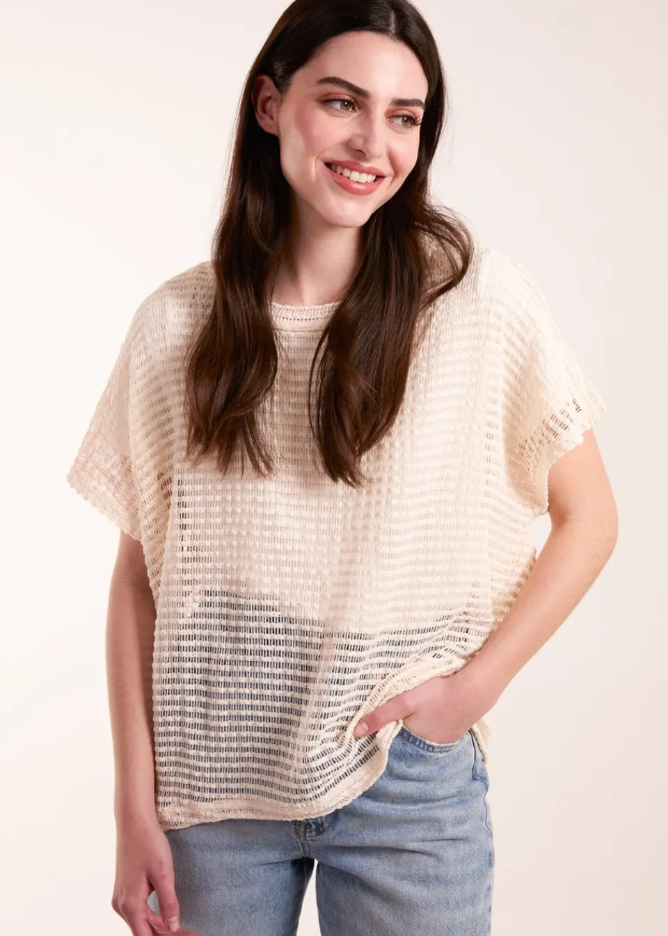 T-Shirts>Blue Vanilla Cream Crochet Batwing Oversized Top