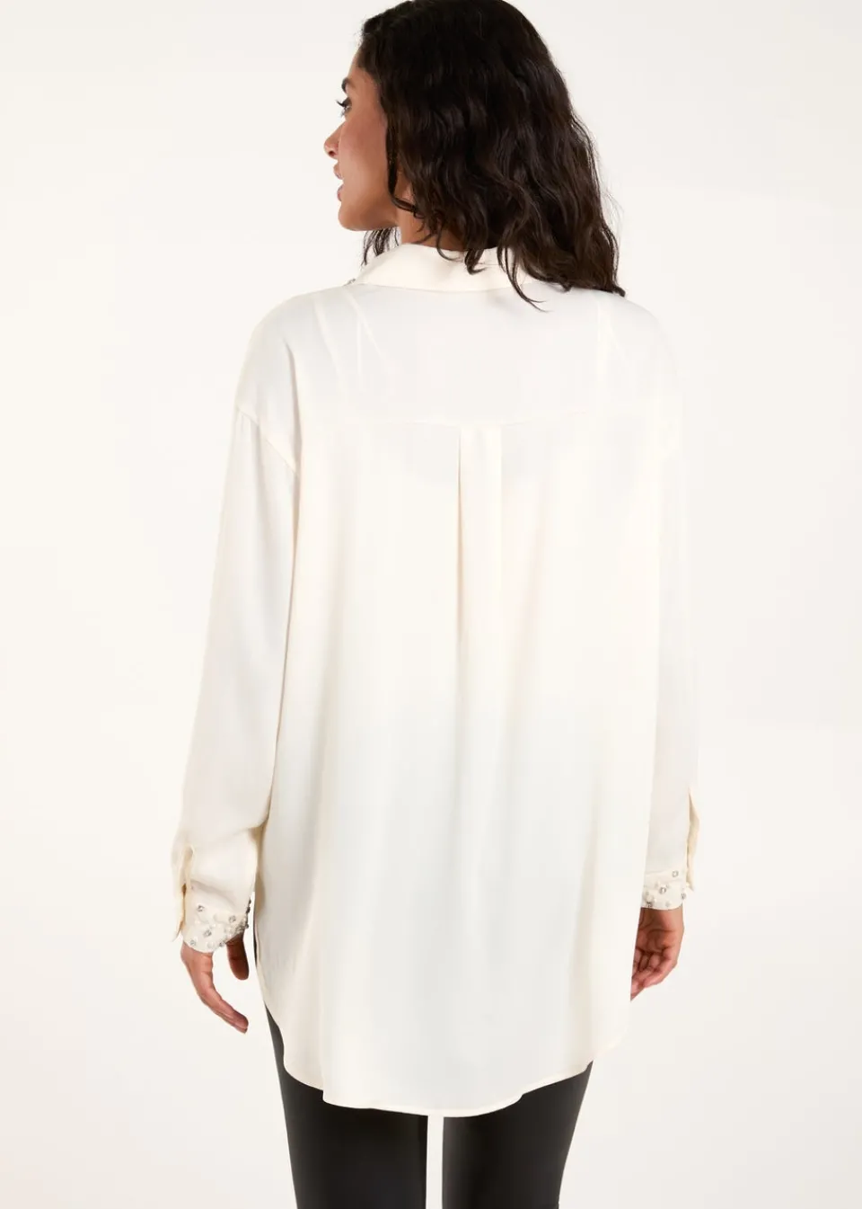 Tops>Blue Vanilla Cream Embellished Collar & Cuff Satin Shirt