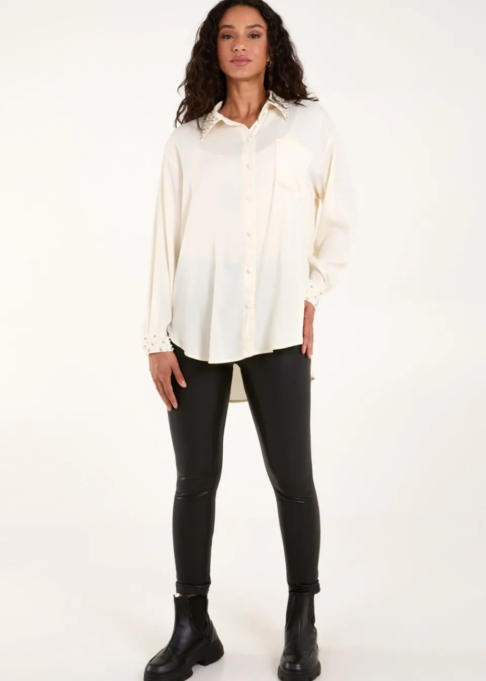 Tops>Blue Vanilla Cream Embellished Collar & Cuff Satin Shirt