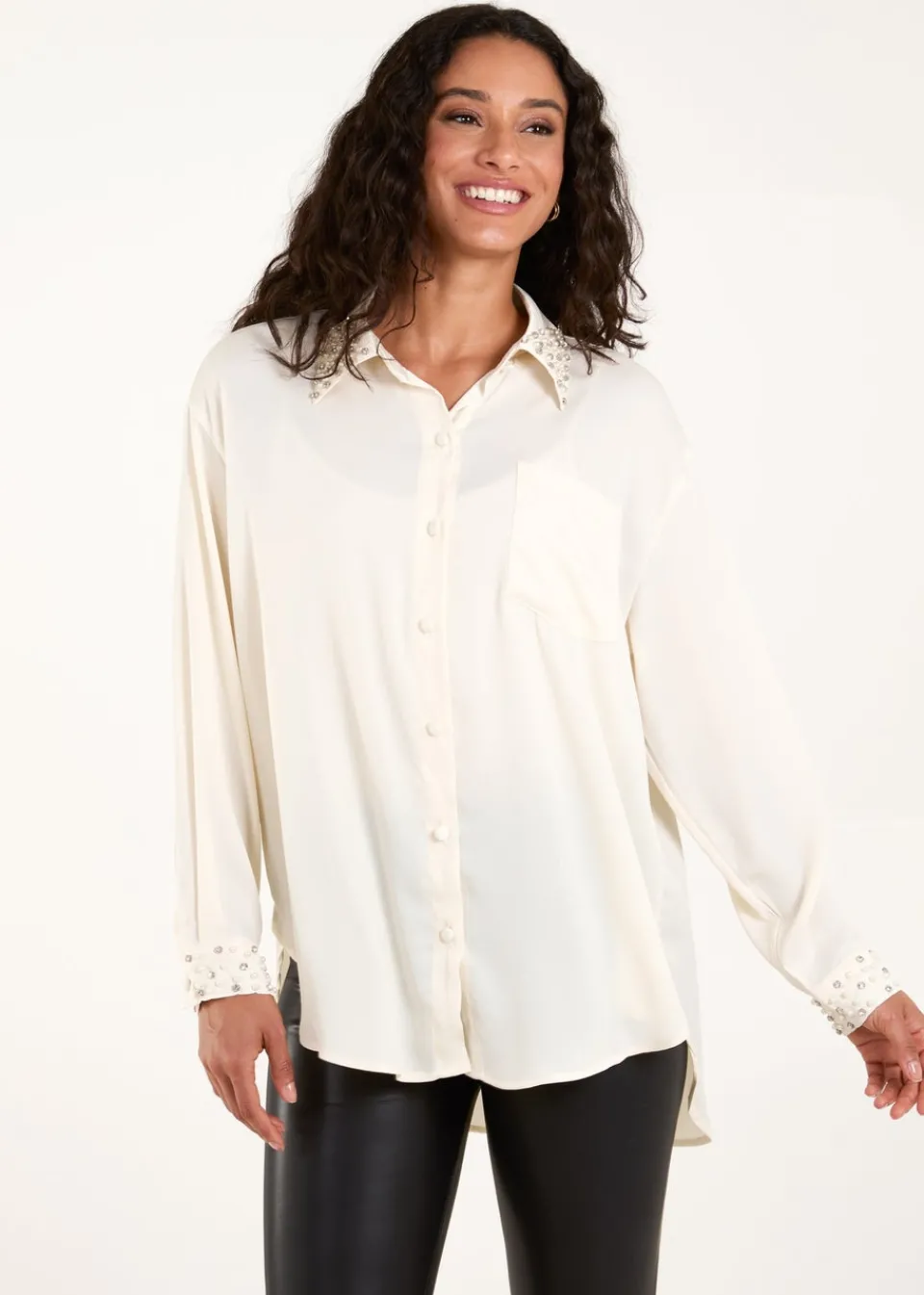 Tops>Blue Vanilla Cream Embellished Collar & Cuff Satin Shirt