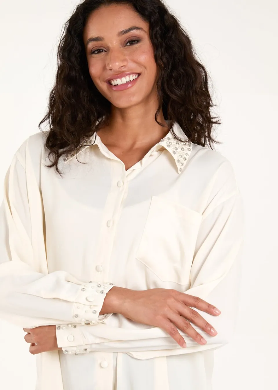 Tops>Blue Vanilla Cream Embellished Collar & Cuff Satin Shirt