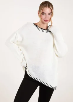 Tops>Blue Vanilla Cream Stitch Edge Round Neck Jumper