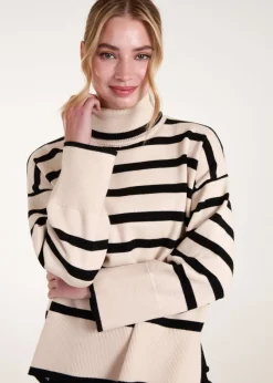 Tops>Blue Vanilla Cream Wide Stripe Roll Neck Jumper