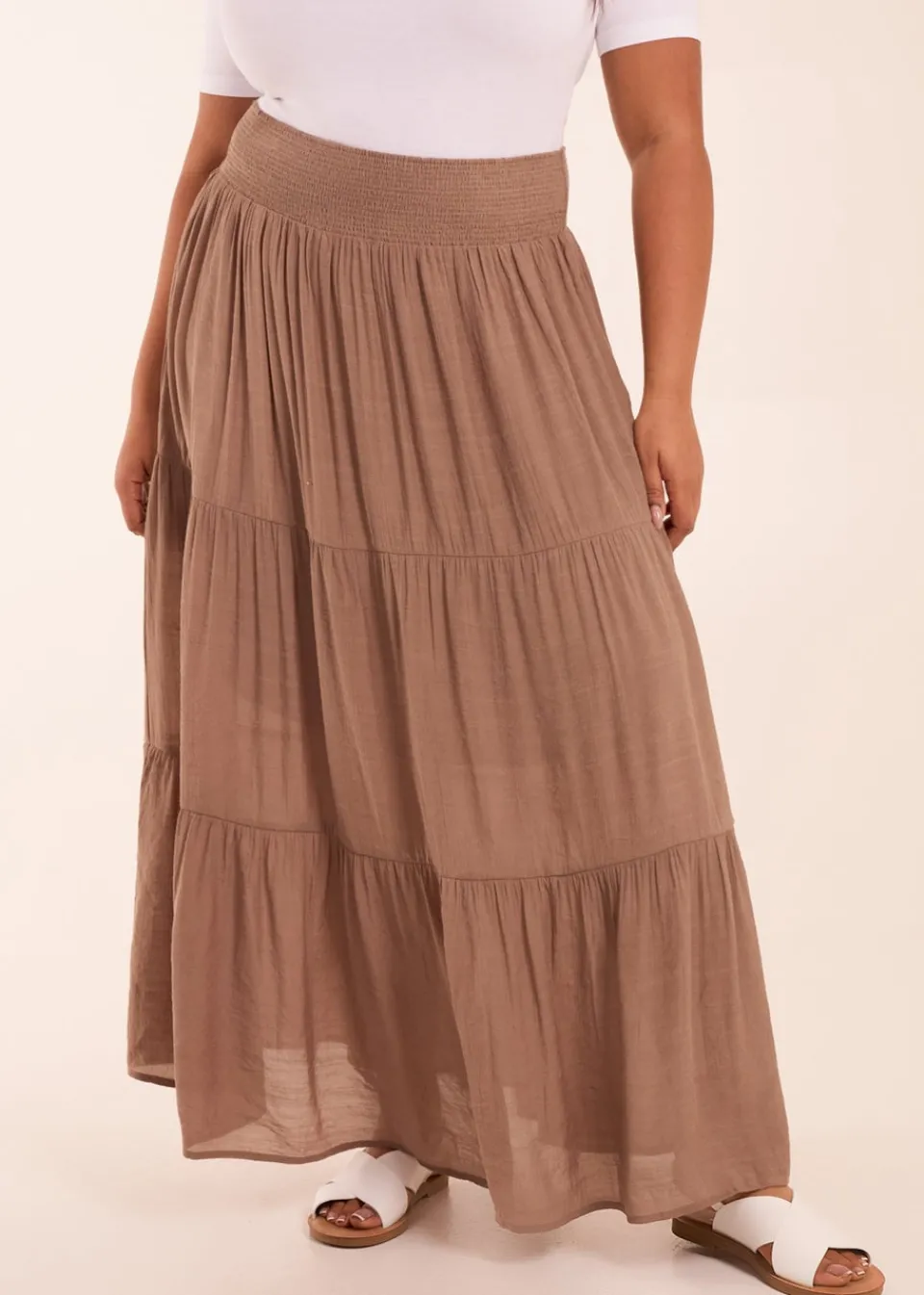 Skirts>Blue Vanilla Curve Brown Tiered Shirred Maxi Skirt