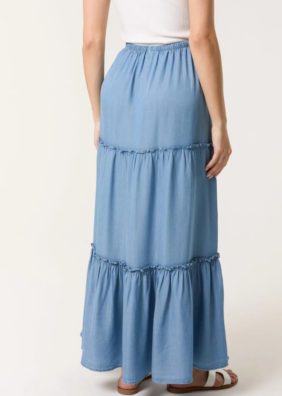 Skirts>Blue Vanilla Denim Beaded Tiered Midi Skirt