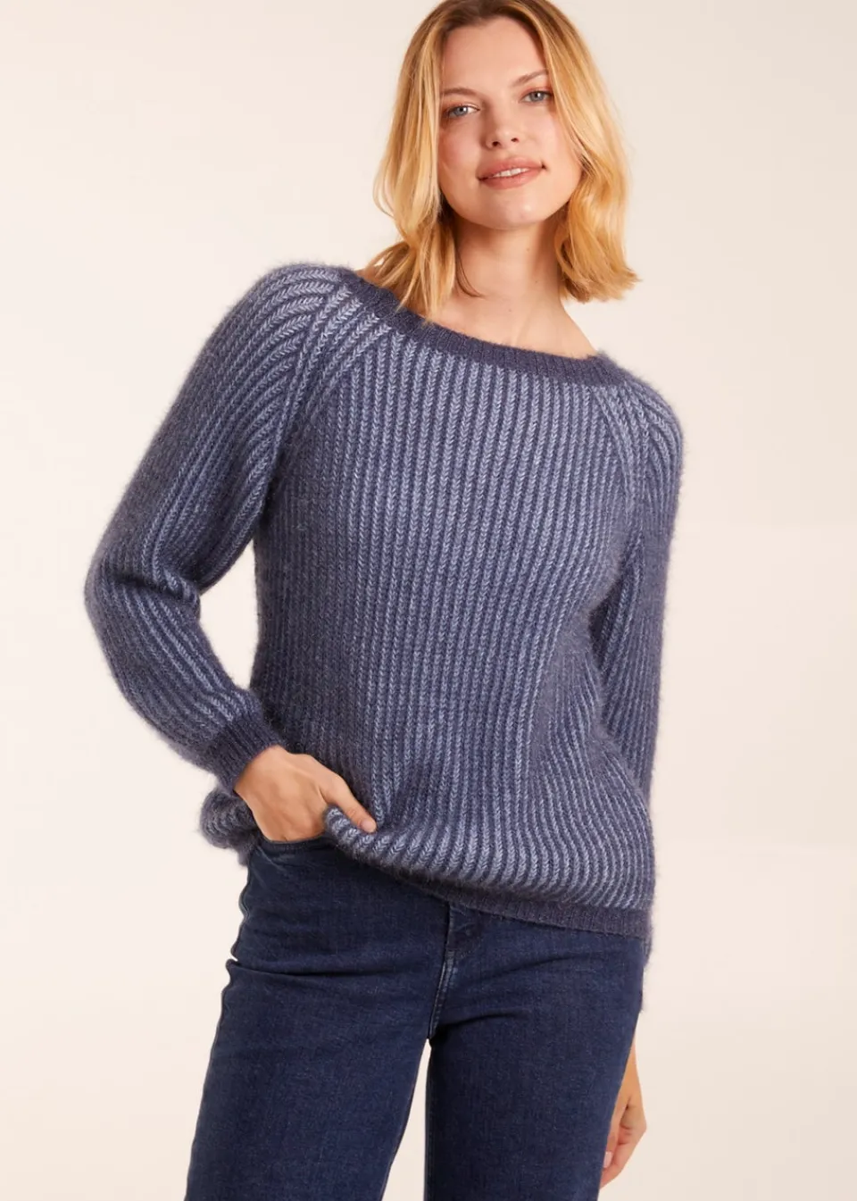 Tops>Blue Vanilla Denim Blue Brushed Two Tone Fluffy Jumper