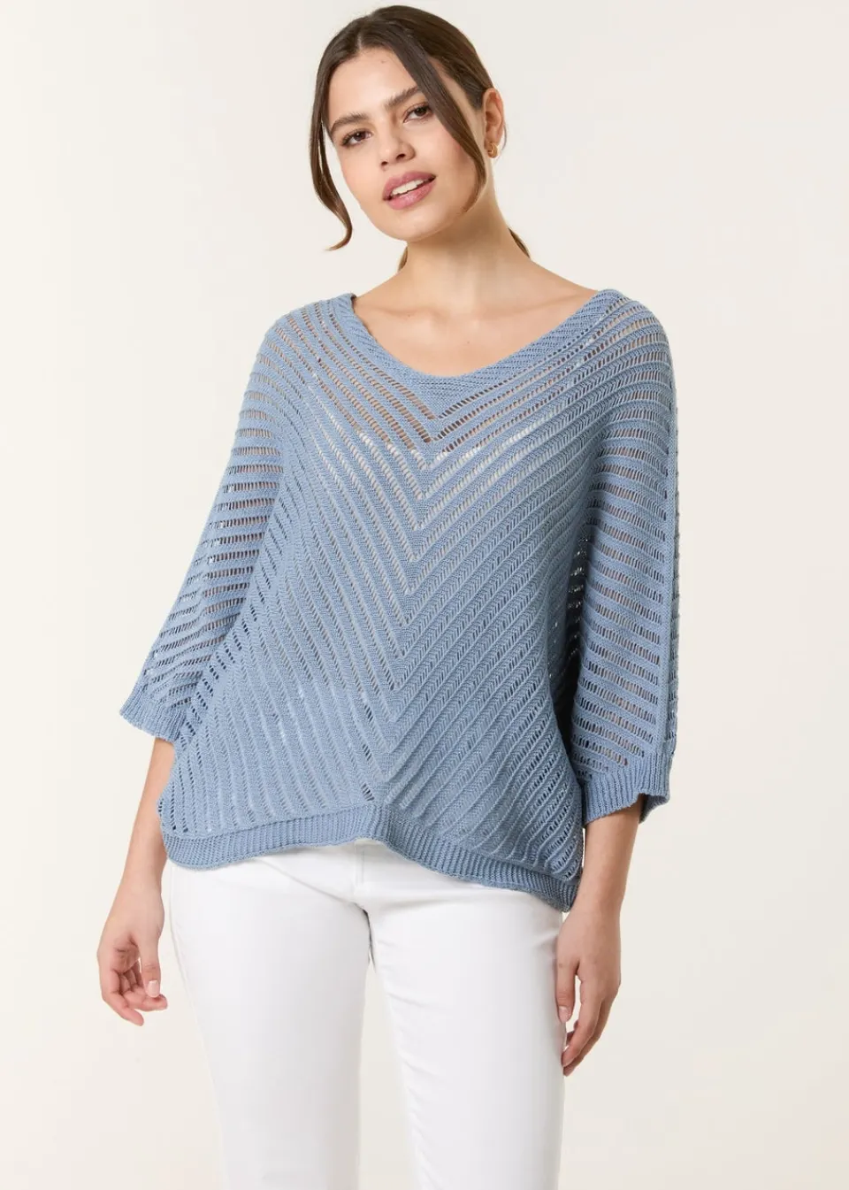 Tops>Blue Vanilla Denim Crochet V Neck Jumper