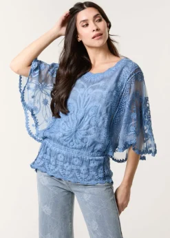 Tops>Blue Vanilla Denim Floral Lace Butterfly Sleeve Blouse