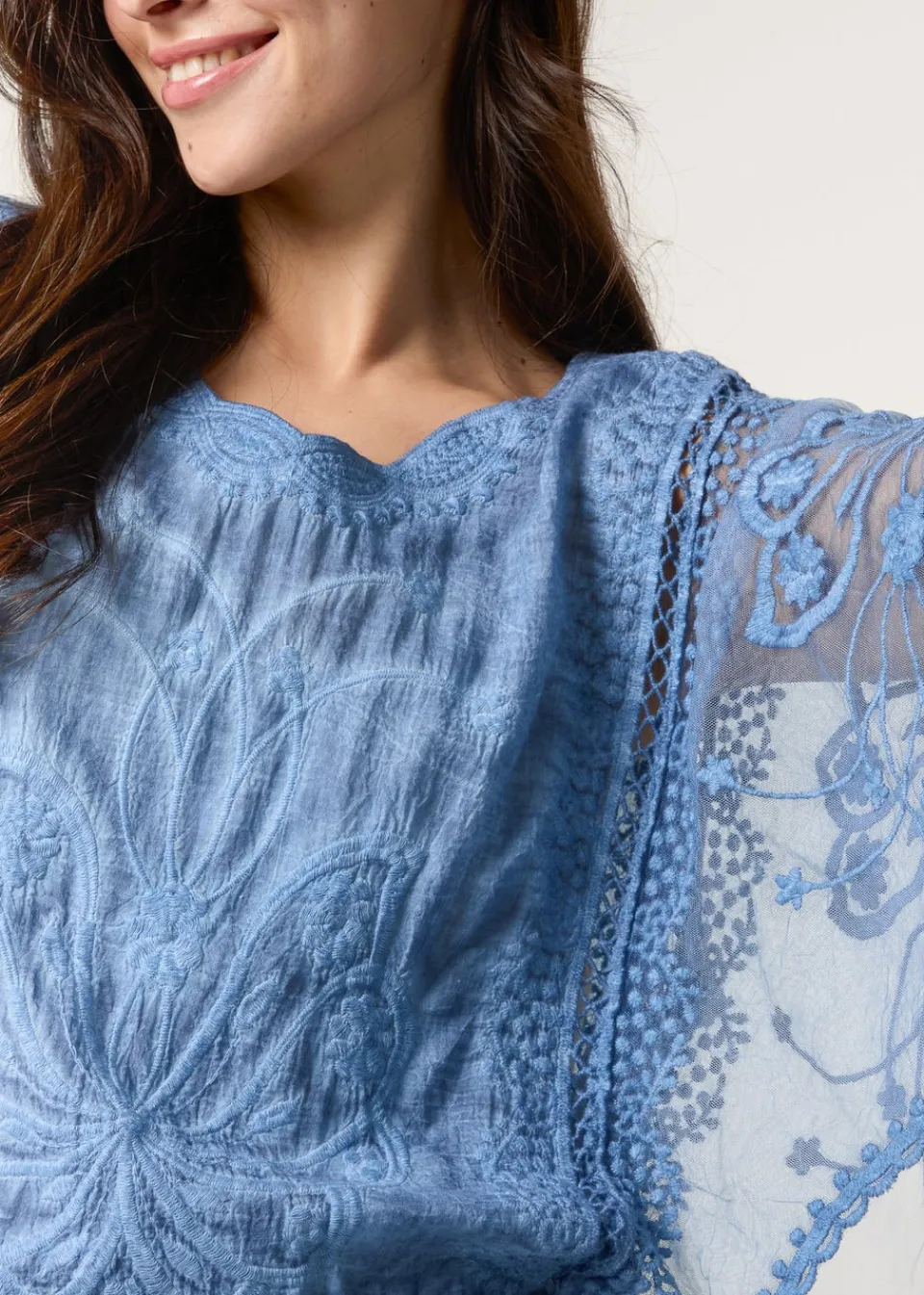 Tops>Blue Vanilla Denim Floral Lace Butterfly Sleeve Blouse