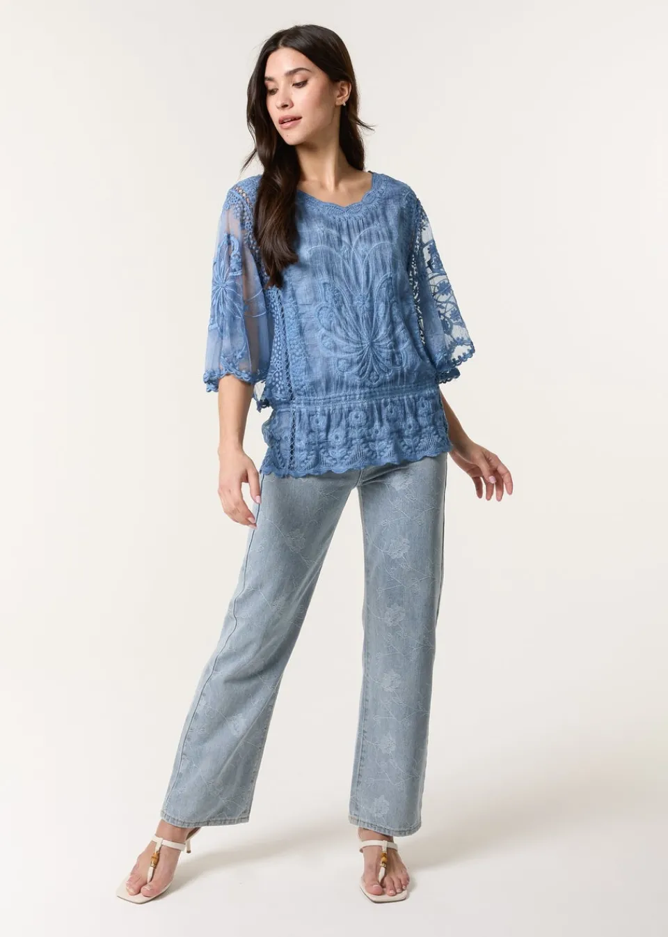 Tops>Blue Vanilla Denim Floral Lace Butterfly Sleeve Blouse