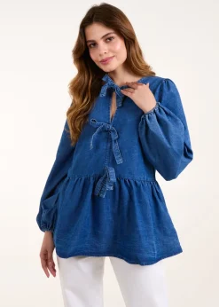 Tops>Blue Vanilla Denim Tie Front Chambray Blouse
