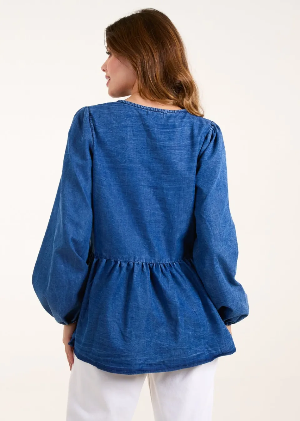 Tops>Blue Vanilla Denim Tie Front Chambray Blouse