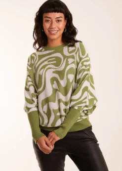 Tops>Blue Vanilla Geometric Swirl Batwing Jumper Green