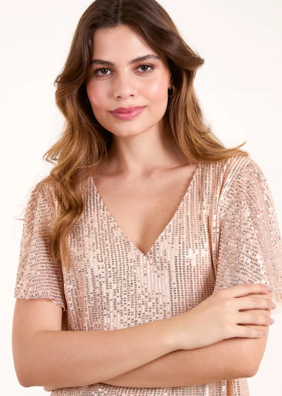 Tops>Blue Vanilla Gold Angel Sleeve V Neck Sequin Top
