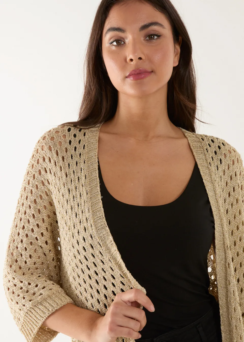 Tops>Blue Vanilla Gold Crochet Lurex Cardigan