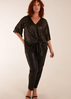 Tops>Blue Vanilla Gold Curve Leopard V Neck Tie Front Top