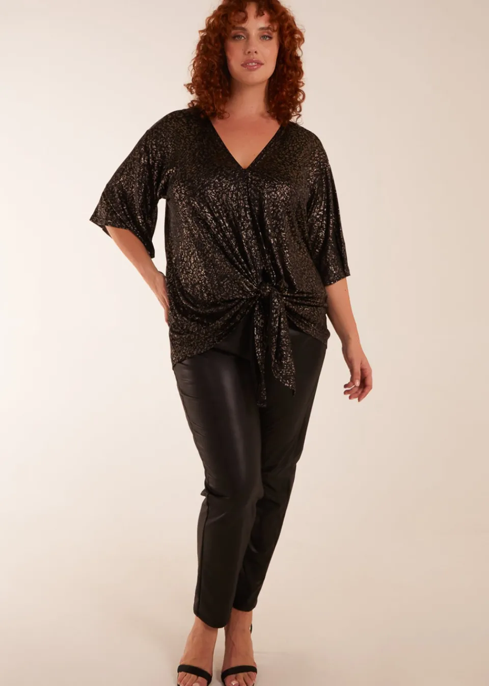 Tops>Blue Vanilla Gold Curve Leopard V Neck Tie Front Top
